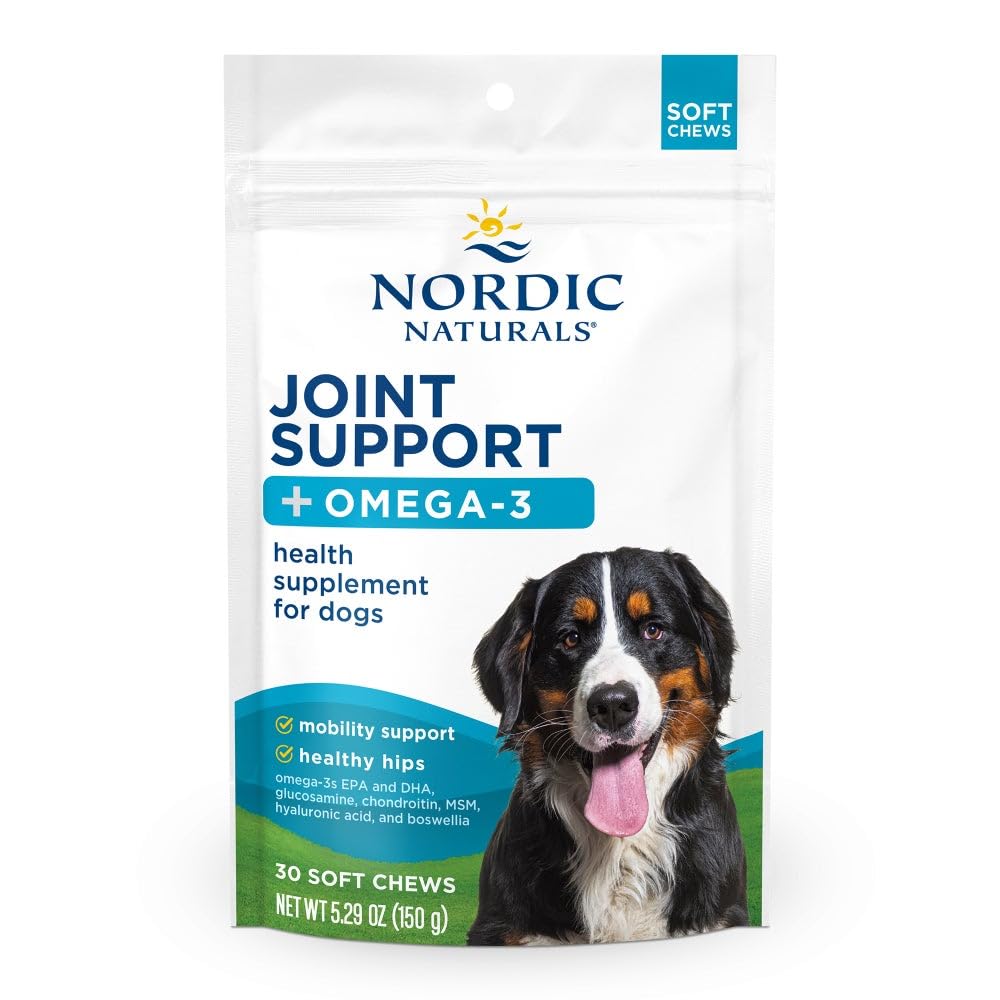 Nordic Naturals Pet Joint Support + Omega 3 Soft Chews for Dogs, Pork Bone Broth Flavored - Promotes Mobility, Hip and Joint Support with Omega-3 Fish Oil, MSM, EPA & DHA - 30 Non-GMO Chews Nordic Naturals Au supplements