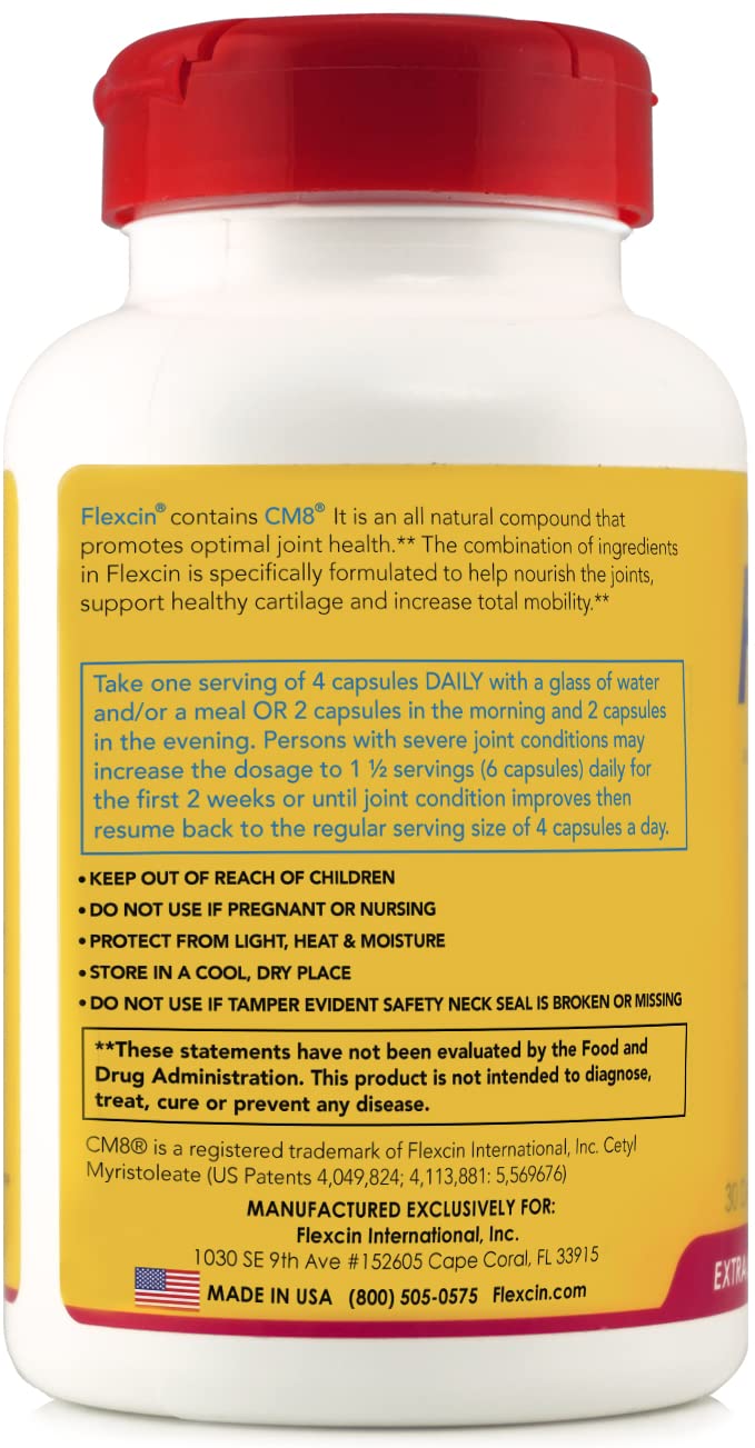 Flexcin Extra Strength Joint Formula with CM8 (Cetyl Myristoleate) - Joint Supplements for Men and Women with Glucosamine, MSM, Collagen Type II - 120 Capsules Flexcin Au supplements