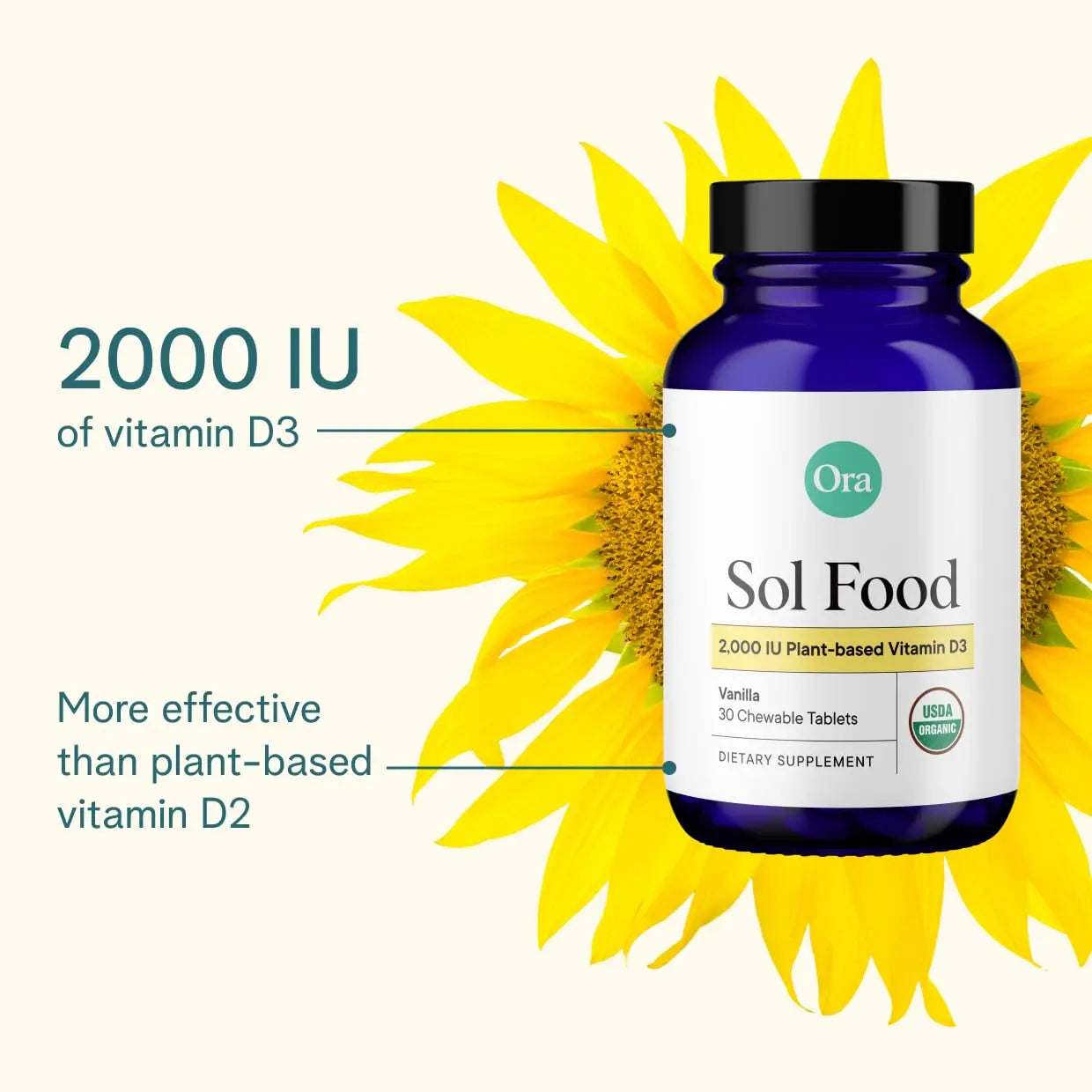 Ora Organic Vitamin D3 2000IU - Vegan Vitamin D Chewables from Lichen for Bone Health, Immune Support, & Mood | Maximum Absorption - 1 Month Supply, 30 Vegan Chewable Vanilla Tablets Ora Organic Au supplements