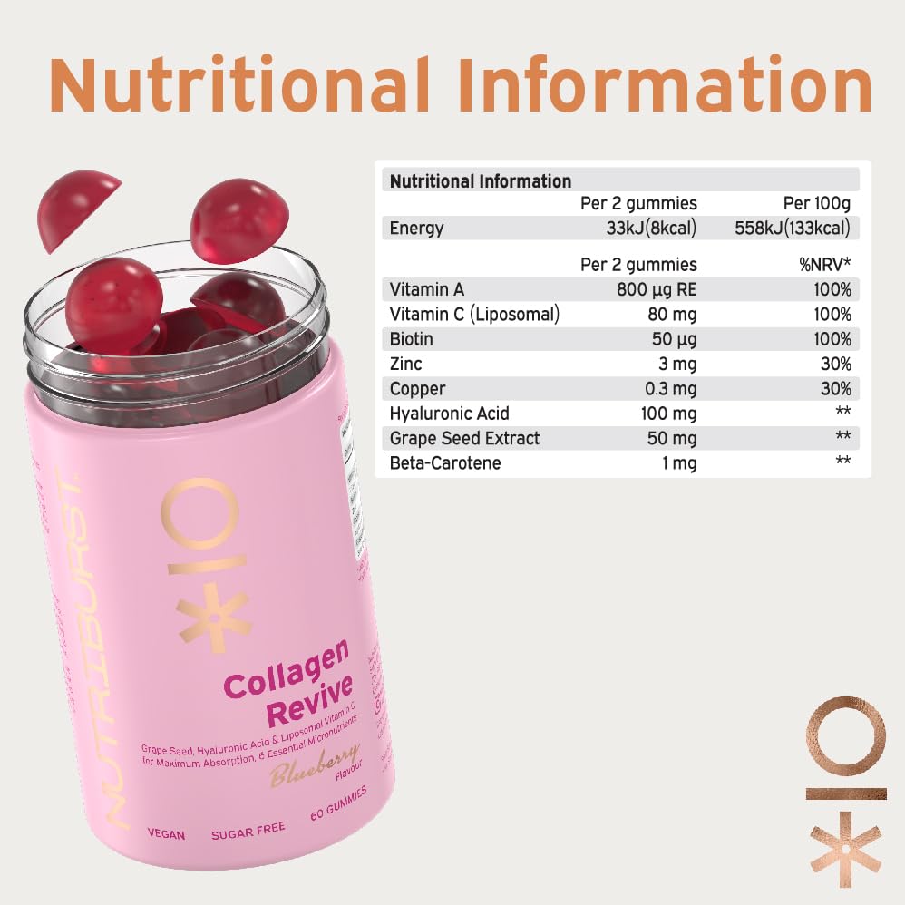 Nutriburst - Vegan Collagen Revive Gummies - Biotin (100µg), Hyaluronic Acid (100mg) + Vitamin C (80mg) Nutriburst Au supplements