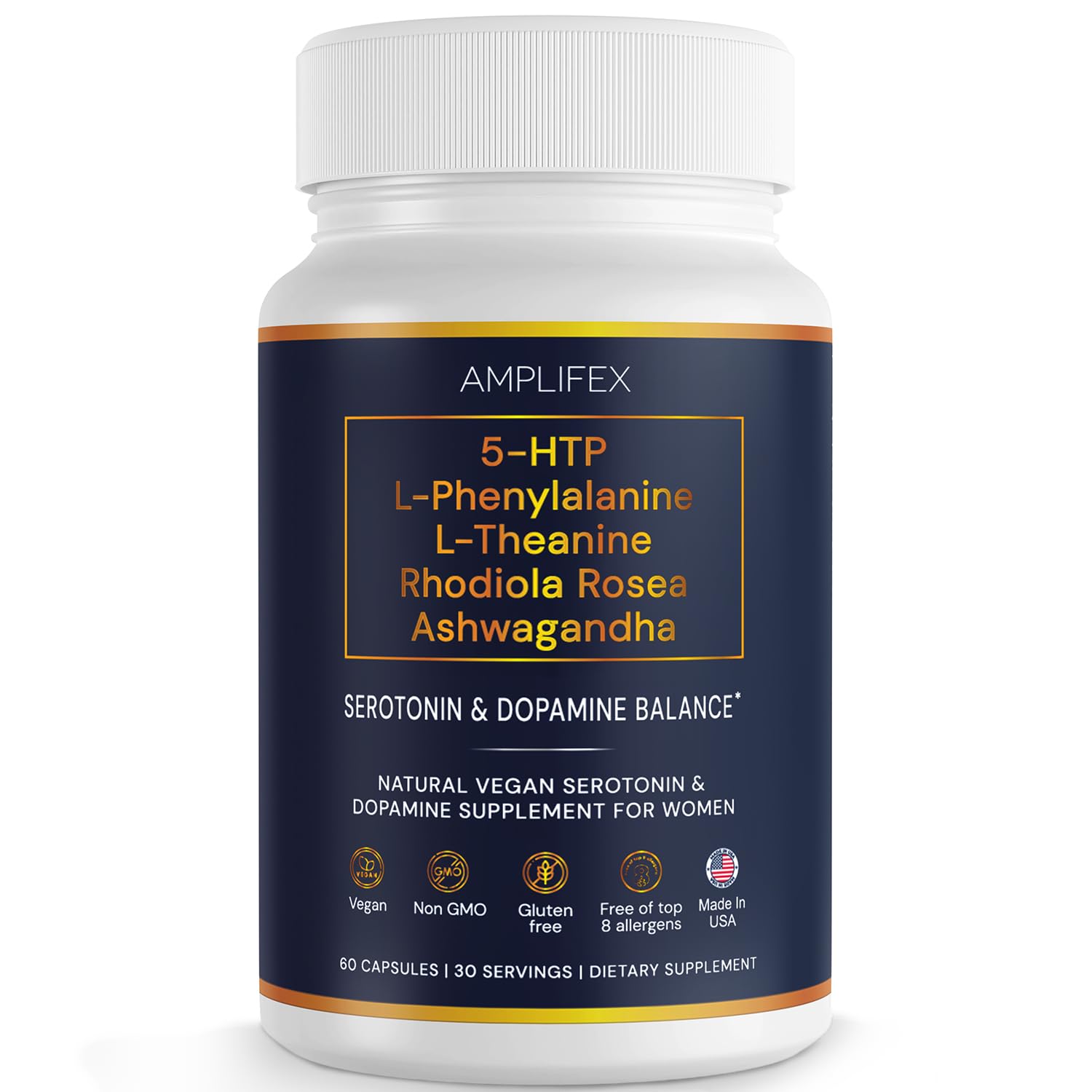 5-HTP Serotonin & Dopamine Support Complex with L-Theanine, L-Phenylalanine, Ashwagandha, Rhodiola B-Vitamins & Adaptogenic Herbal Blend – Mood & Stress Support for Women – Natural Vegan Non GMO AMPLIFEX Au supplements
