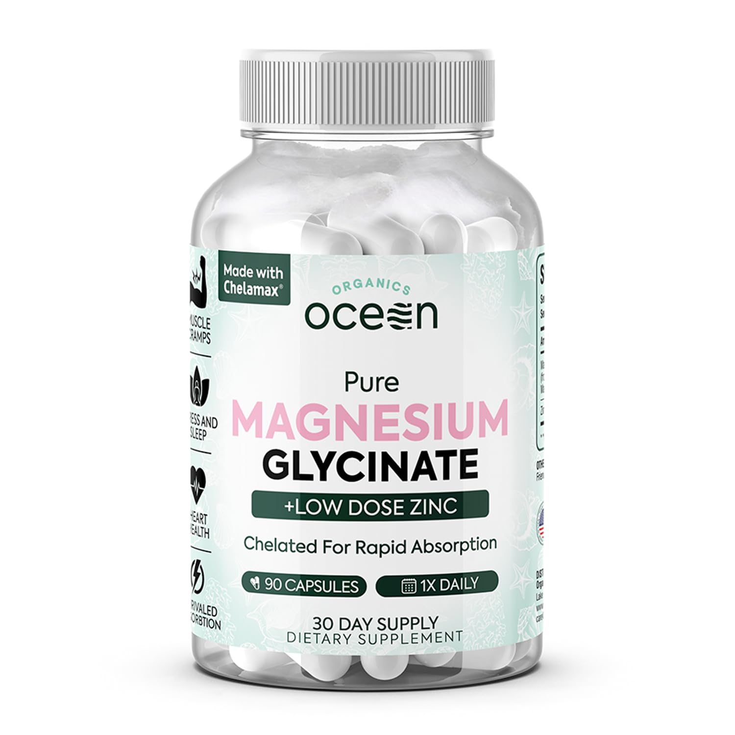 Organics Ocean Pure Magnesium Glycinate with Zinc - Maximum Strength Chelated Magnesium Supplement for Women and Men for Muscle Cramps and Sleep Support - 90 Capsule Organics Ocean Au supplements