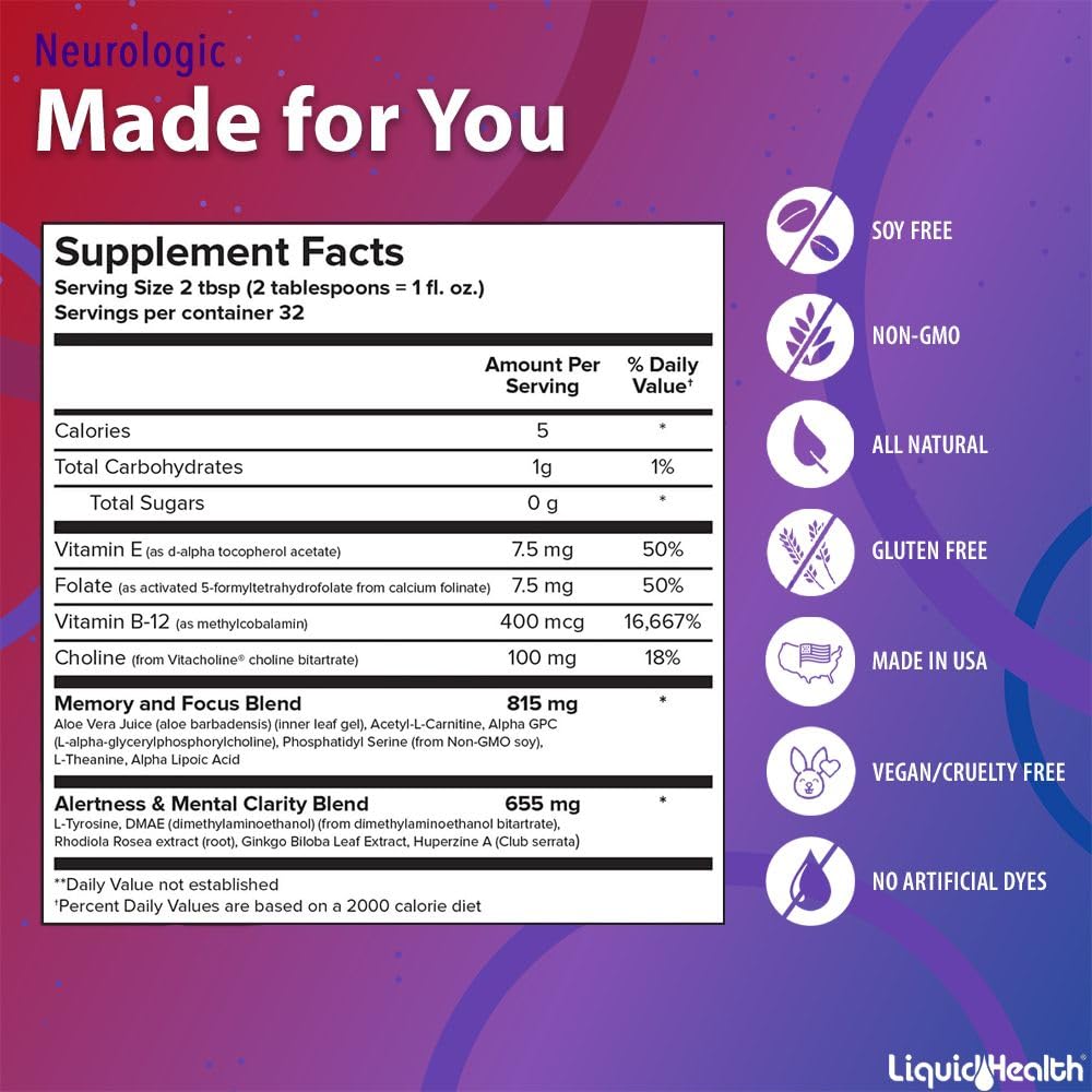 LIQUIDHEALTH Neurologic Focus Supplement - Brain Booster Nootropic Supplement for Cognitive Function, Memory & Focus with Ginkgo Biloba, Choline, L-Theanine & Phosphatidylserine - USA Made (2 Pack) LIQUIDHEALTH Au supplements