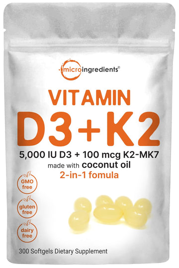 Micro Ingredients Vitamin D3 5000 IU Plus K2 (MK-7) 100 mcg, 300 Virgin Coconut Oil Softge Micro Ingredients Au supplements