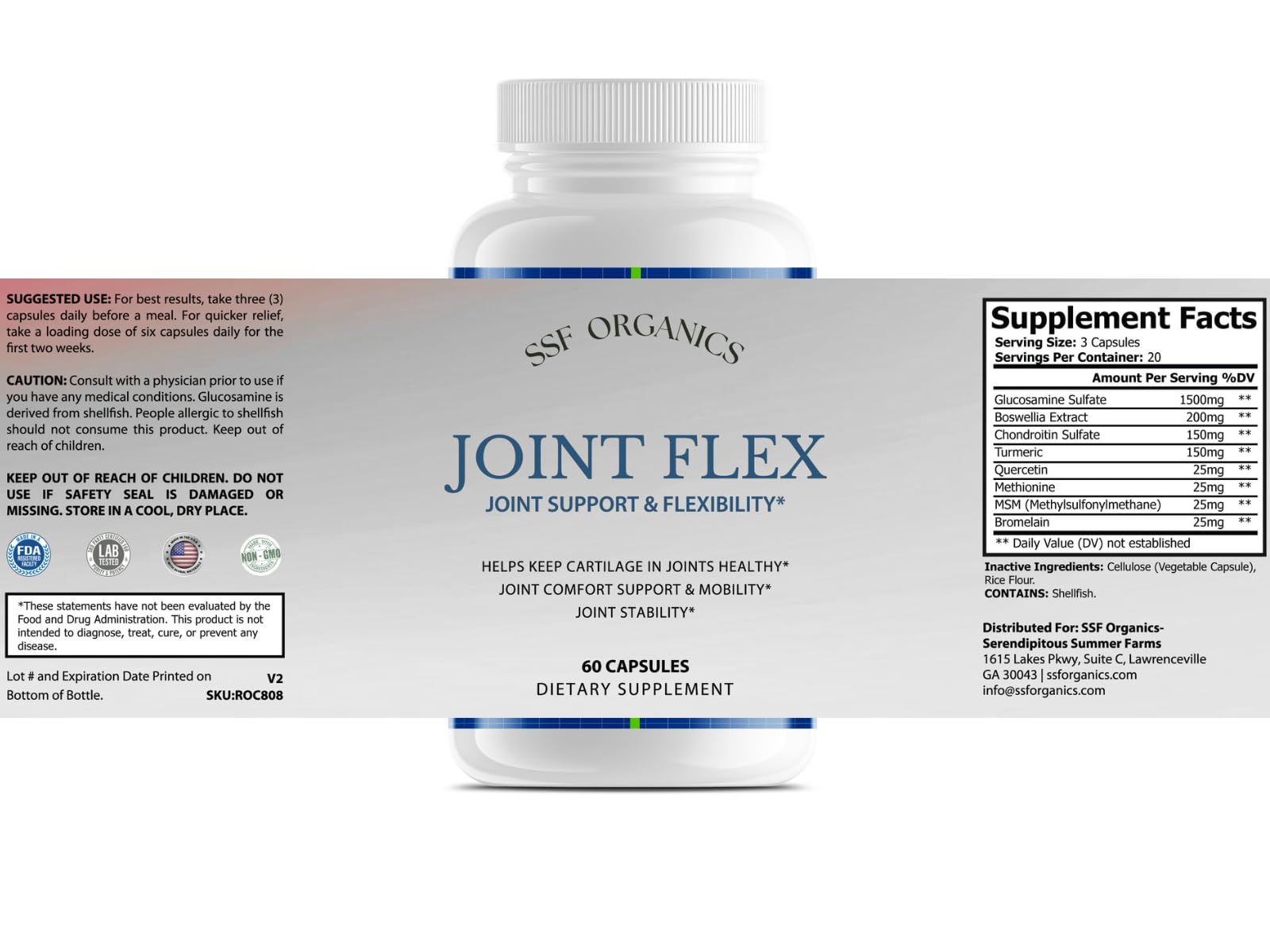 SSF Organics-Joint Flex with Glucosamine Chondroitin Turmeric Msm Boswellia - Joint Support Supplement for Relief 60 Capsules for Bones, Back, Knees, Hands (60 Capsules) Serendipitous Summer Farms Au supplements