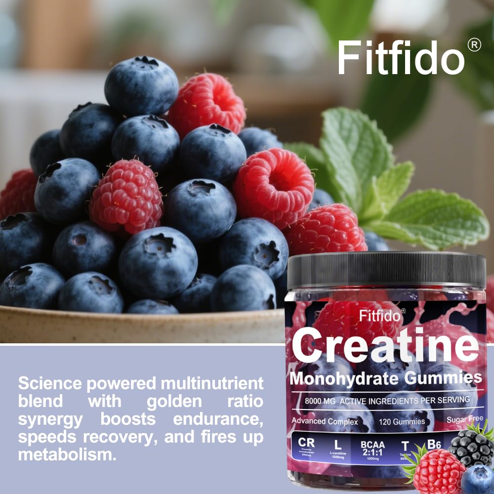 Creatine Monohydrate Gummies Complex 8000mg for Men and Women, Containing L-carnitine & Taurine, Build Muscle, Boost Energy, Faster Recovery, Sugar Free & Vegan, Raspberry & Blackberry, 120 Count Fitfido Au supplements