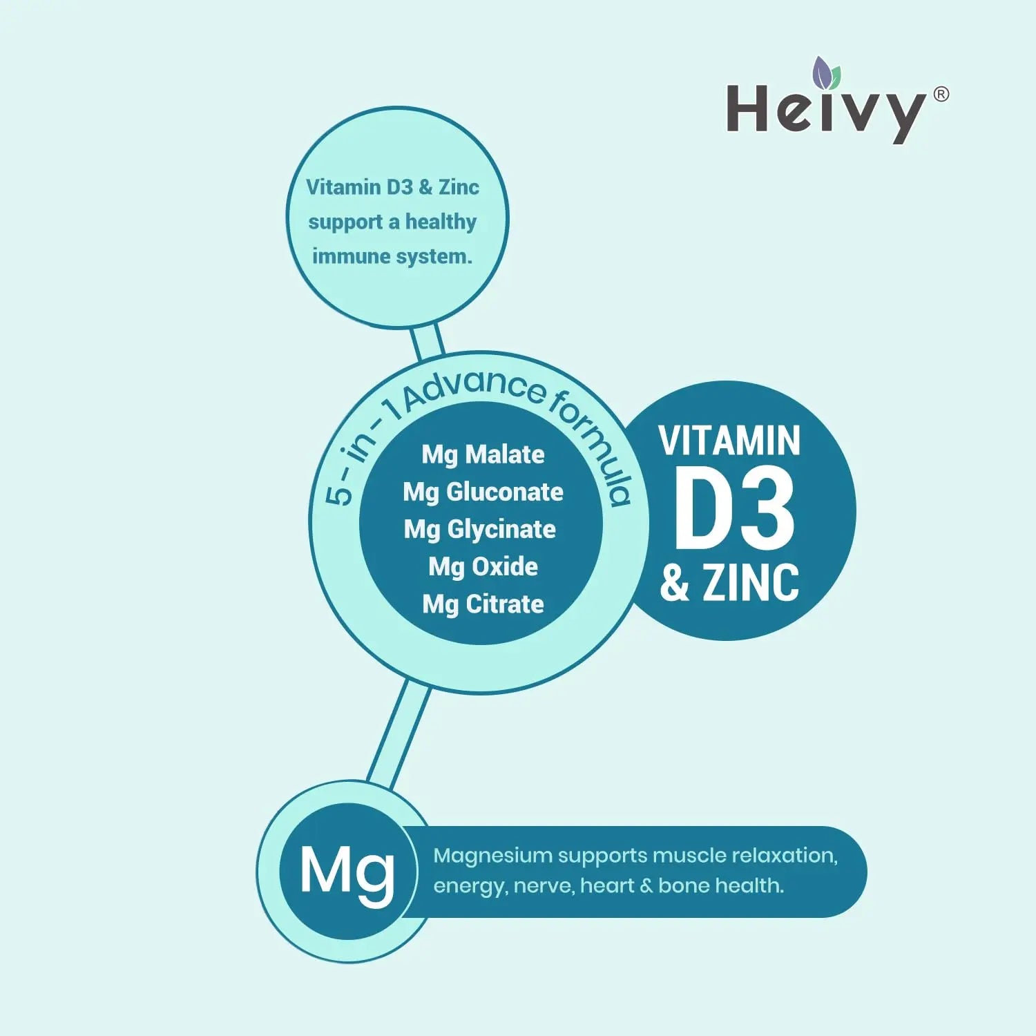 Heivy Magnesium Complex, Magnesium Glycinate, Citrate, Malate, Oxide, Gluconate with Zinc and Vitamin D3, Magnesium Supplement for Muscle, Nerve, Heart, Bone Support, High Absorption, 90 Tablets Heivy Au supplements