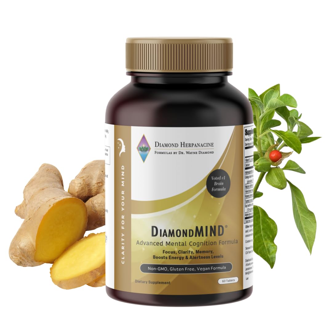 DiamondMIND Brain Support Supplement - Natural Formula for Mental Energy & Cognitive Function - Focus, Clarity, and Memory Supplement - Less Mental Stress - Vegan, Gluten-Free, Dairy-Free - (60 Count) Herpanacine Au supplements