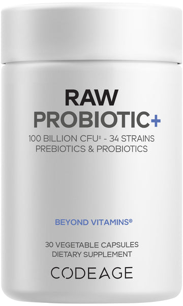 Codeage Raw Probiotic+ Supplement - 34 Probiotic Strains, 100 Billion CFUs, Raw Whole Food Probiotics, Digestive Enzymes, Raw Fruits & Veggies Prebiotics - Wild Kefir Culture - Non-GMO - 30 Capsules Codeage Au supplements