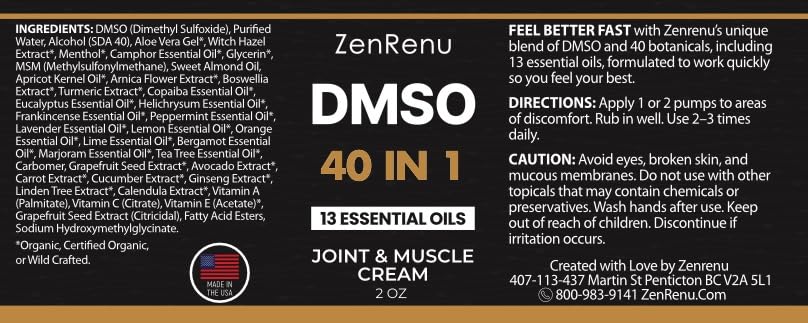 Zenrenu DMSO Cream 99.995% Pure Pharmaceutical Grade - 40-in-1 Advanced Formula -12 Essential Oils, Arnica, Aloe Vera, MSM - Fast-Absorbing Cream – 2 oz Glass Pump Bottle – Made in USA Zenrenu Au supplements