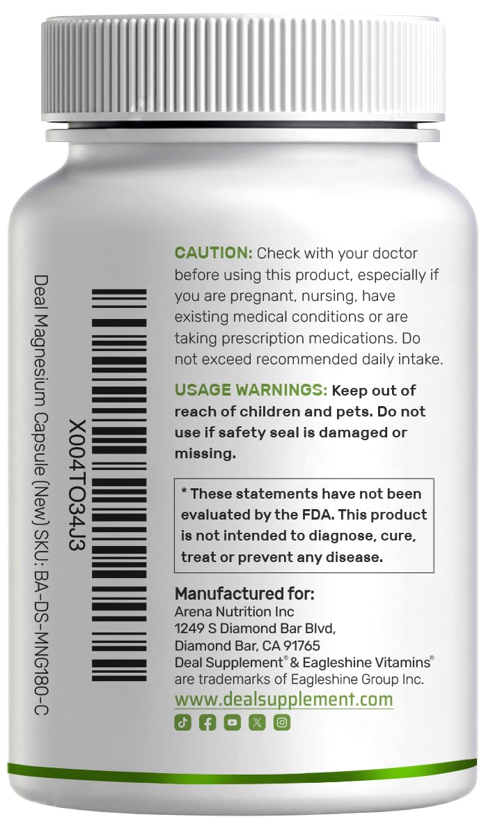 Deal Supplement Magnesium Glycinate 500mg, 240 Veggie Capsules | 100% Chelated for Easy Absorption | Essential Mineral Supplement | Non-GMO, Gluten-Free DEAL SUPPLEMENT Au supplements