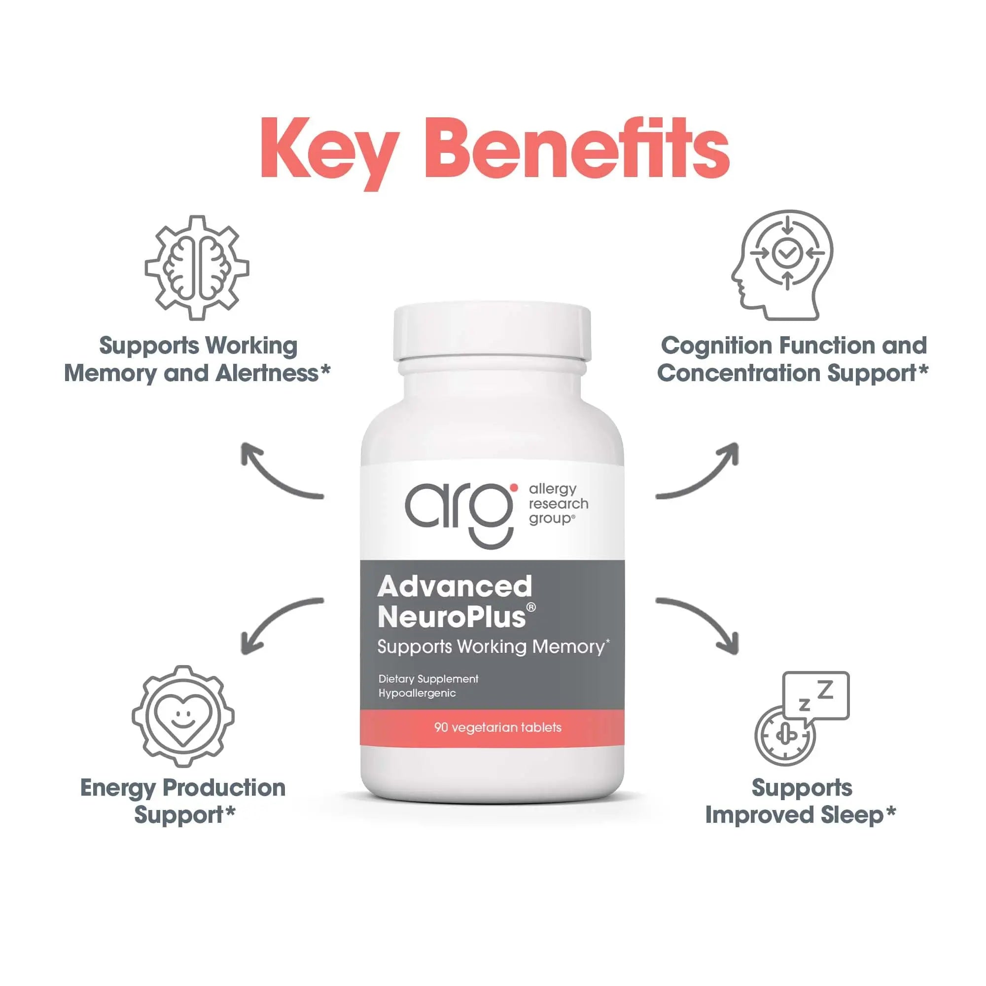 Allergy Research Group Advanced NeuroPlus - Nootropic Formula with Spearmint Extract, Lions Mane & Citicoline - Supports Working Memory Focus & Cognitive Function - 30 Servings - 90 Tablets Allergy Research Group Au supplements