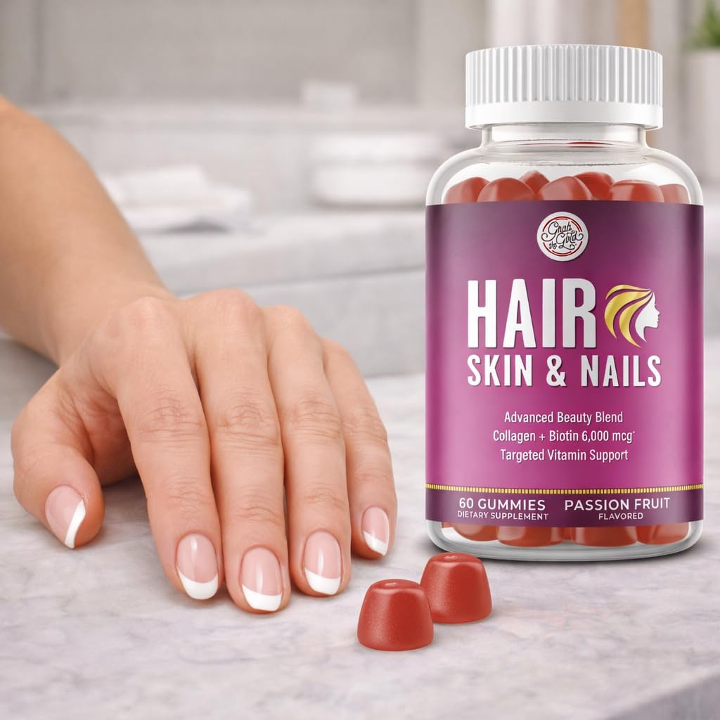 Grab The Gold Hair Skin & Nails Vitamins for Women | Gummies with 6000mcg Biotin & Collagen | 10 Essential Vitamin & Minerals | Gluten-Free, Non-GMO, Passion Fruit Flavor | 1 Month Supply, Made in USA Grab The Gold Au supplements
