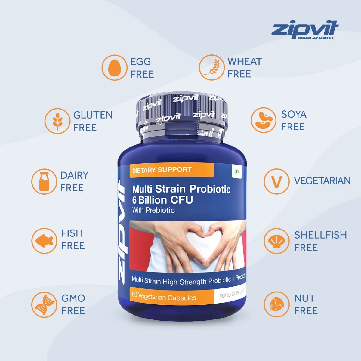 Probiotic 6 Billion Multi-Strain Live Bio Cultures Complex with Prebiotic, 60 Vegetarian Zipvit Au supplements