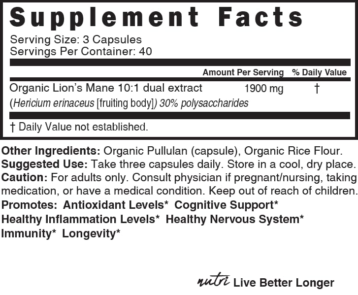 Nutri Organic Lions Mane Supplement Capsules - 1900 mg, 10:1 Dual Extraction, 120 Count Nature's Fusions Au supplements