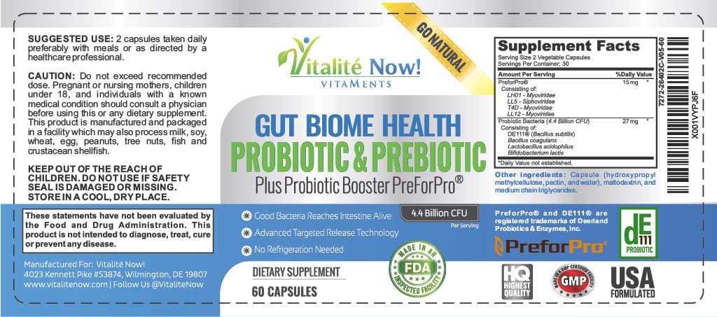 Premium Probiotic plus Ultimate Prebiotic - Gut Biome Builder & Restoration - 4.4 Bn CFU - Best for Women & Men - Bacteria Reaches Intestine within Hours - No Refrigeration - Bacillus Subtilis Vitalité Now! Au supplements