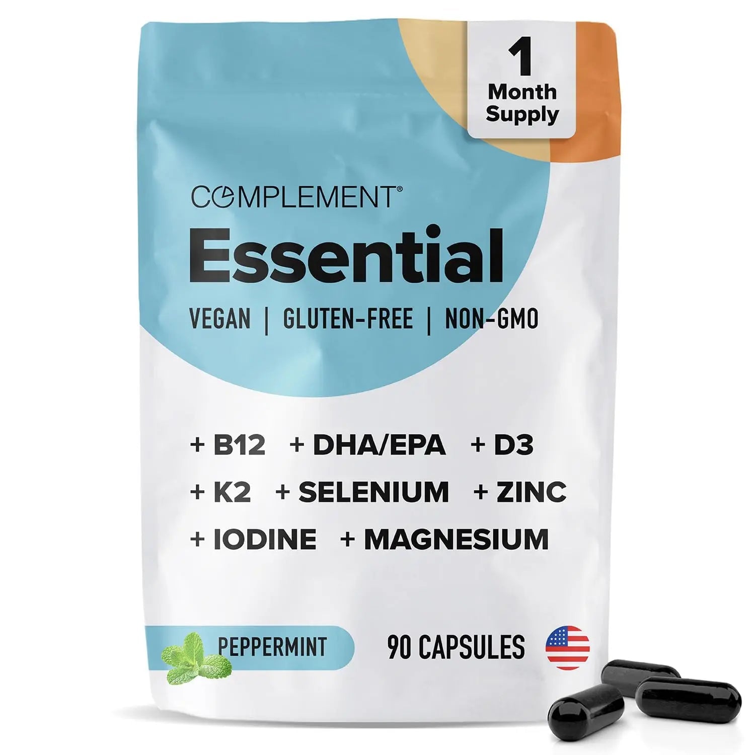 Complement Essential Vegan Multivitamin for Men & Women (30 Servings, 90 Capsules) with Omega-3 DHA & EPA, B12, Vitamin D3 & K2, Zinc, Selenium Complement Au supplements