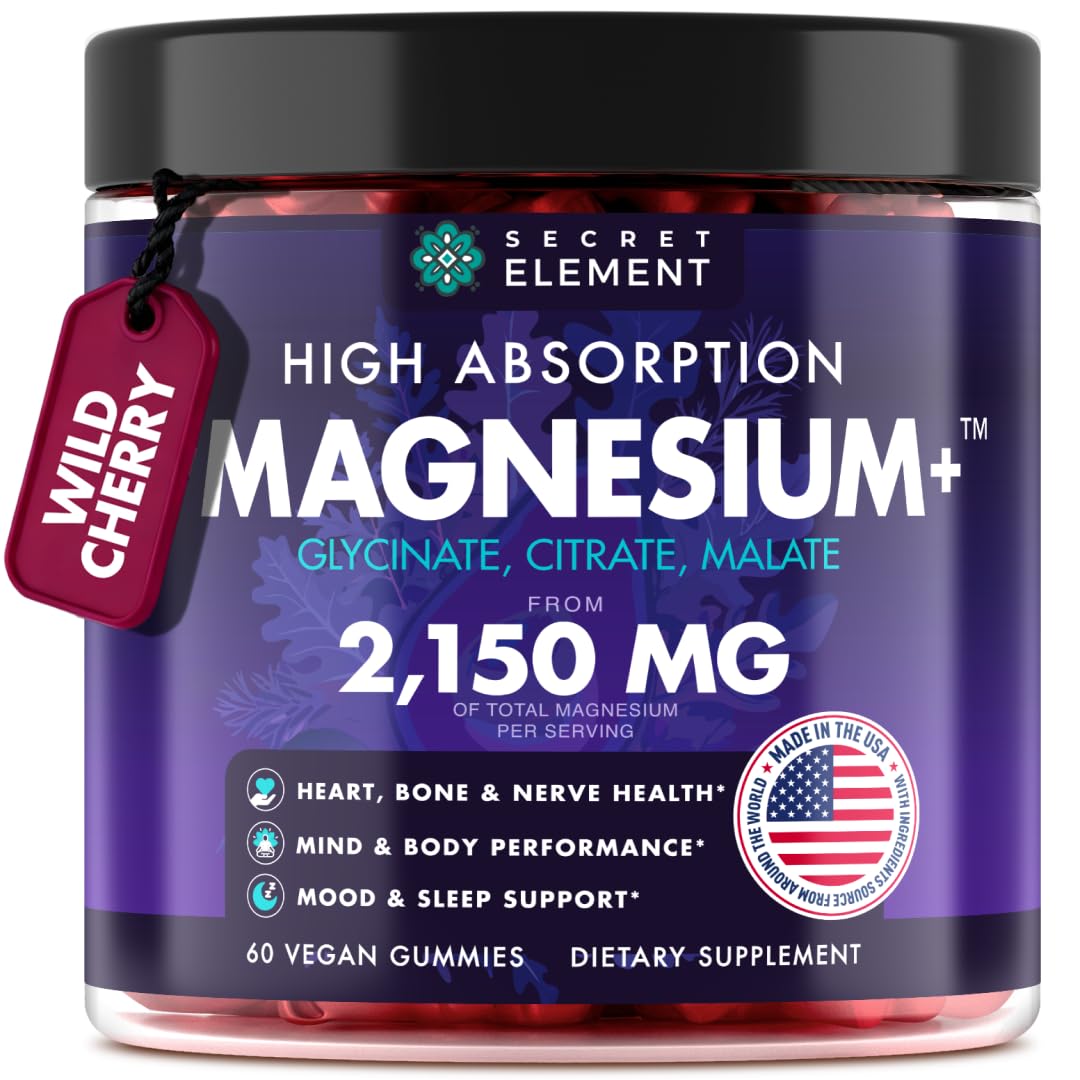 Magnesium Glycinate 2150 MG Gummies, High Absorption Magnesium Glycinate, Citrate & Malate, Sugar-Free, Vegan, Chews for Men & Women, 60 Gummies, Cherry Flavor– 60 Wild Cherry Flavor Chews Secret Element Au supplements