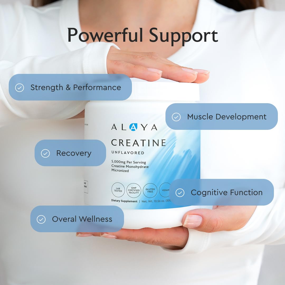 Alaya Naturals Micronized Creatine Monohydrate Powder – Pure Performance Fuel for Strength, Mental Focus, Vegan, Non-GMO, Easily Mixable & Flavorless - 5 g Alaya Naturals Au supplements