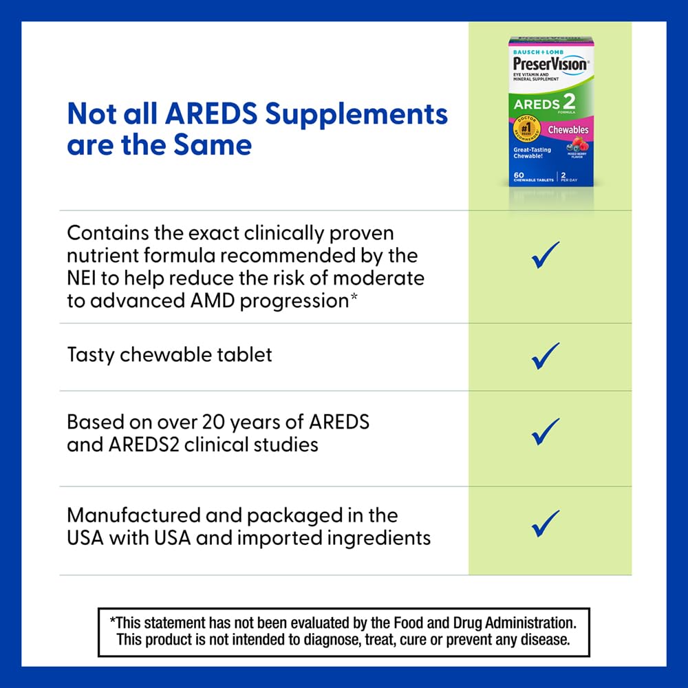 PreserVision AREDS 2 Eye Vitamins, #1 Eye Doctor Recommended Brand, Chewable Lutein and Zeaxanthin Supplement with Vitamin C, Vitamin E,Zinc, and Copper, Mixed Berry, 60 Tablets PreserVision Au supplements