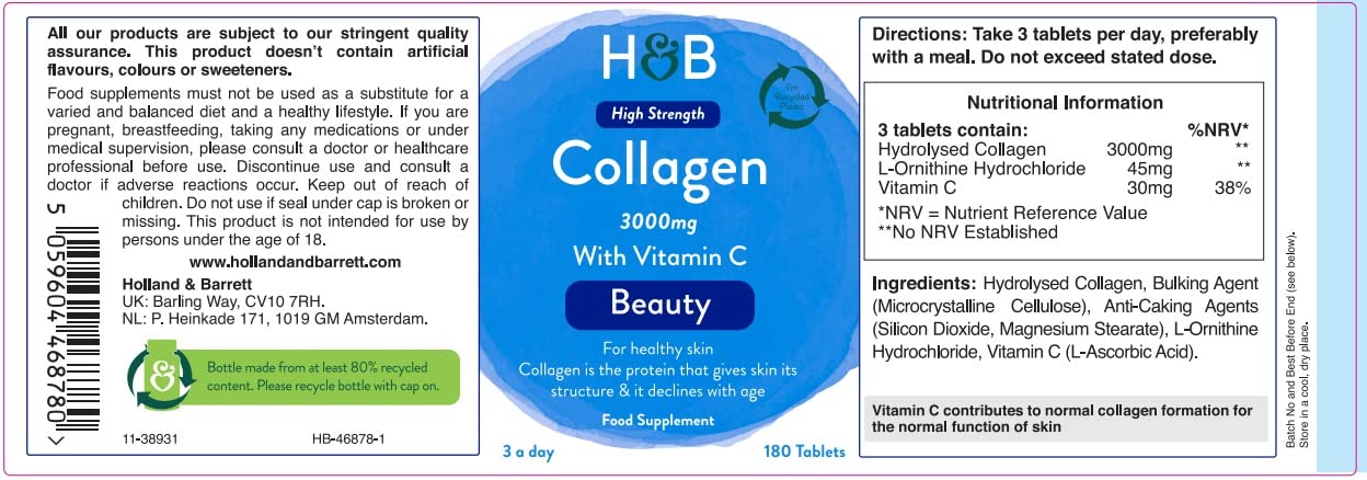 Holland & Barrett Bovine Collagen Tablet 3000mg - Type I Collagen Peptides - Hydrolysed Collagen with Vitamin C - Hair, Skin & Nails Holland & Barrett Au supplements