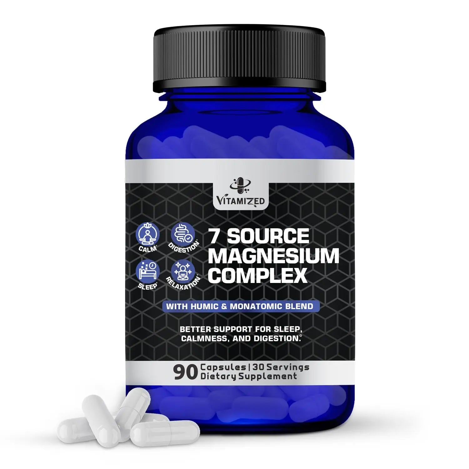 Magnesium Complex for Sleep, Relaxation, Digestion & Calm – Magnesium Glycinate, Citrate, Bisglycinate, Carbonate, Malate, Orotate, Taurate, + Humic/Fulvic for High Absorption - 90 ct. VITAMIZED Au supplements