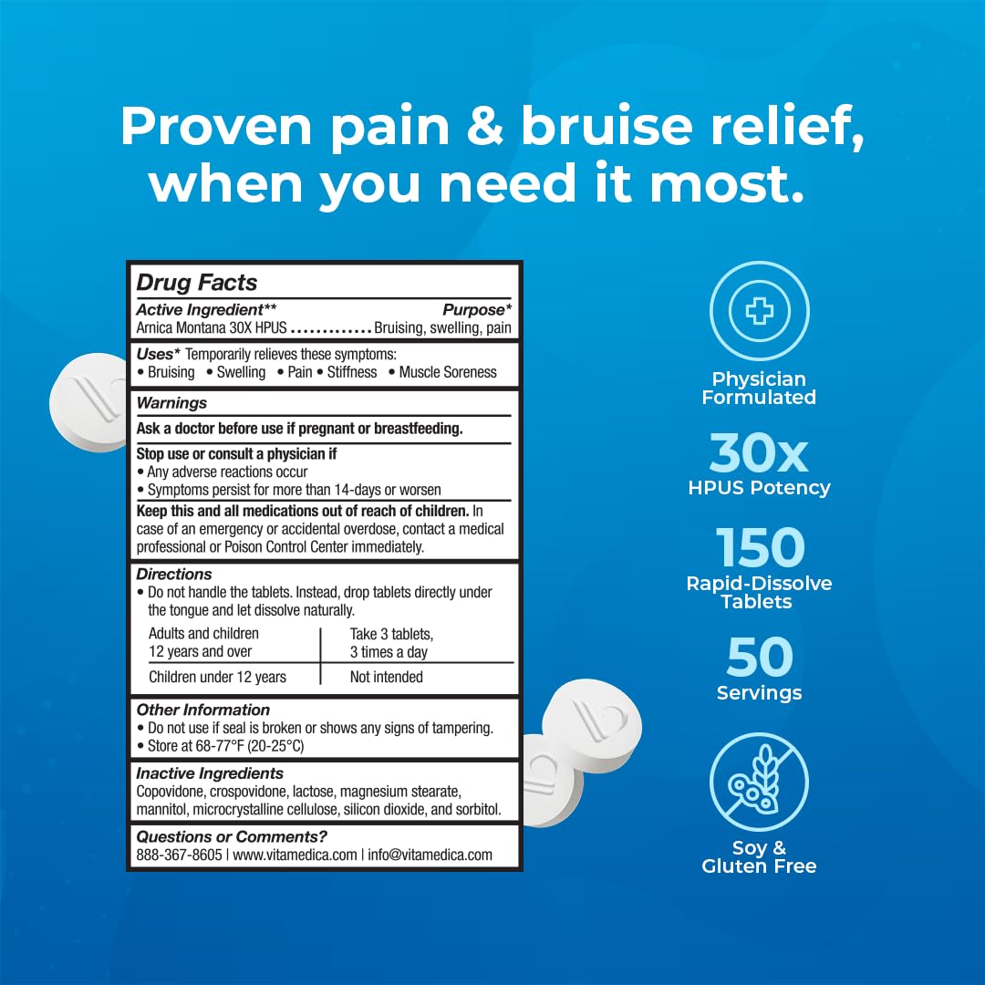 VitaMedica Arnica Montana 30X Rapid Dissolve Arnica Tablets for Natural Pain, Bruising, and Swelling Support - Homeopathic Medicine for Injury and Surgery Recovery - 150 Ct - 50 Servings VitaMedica Au supplements