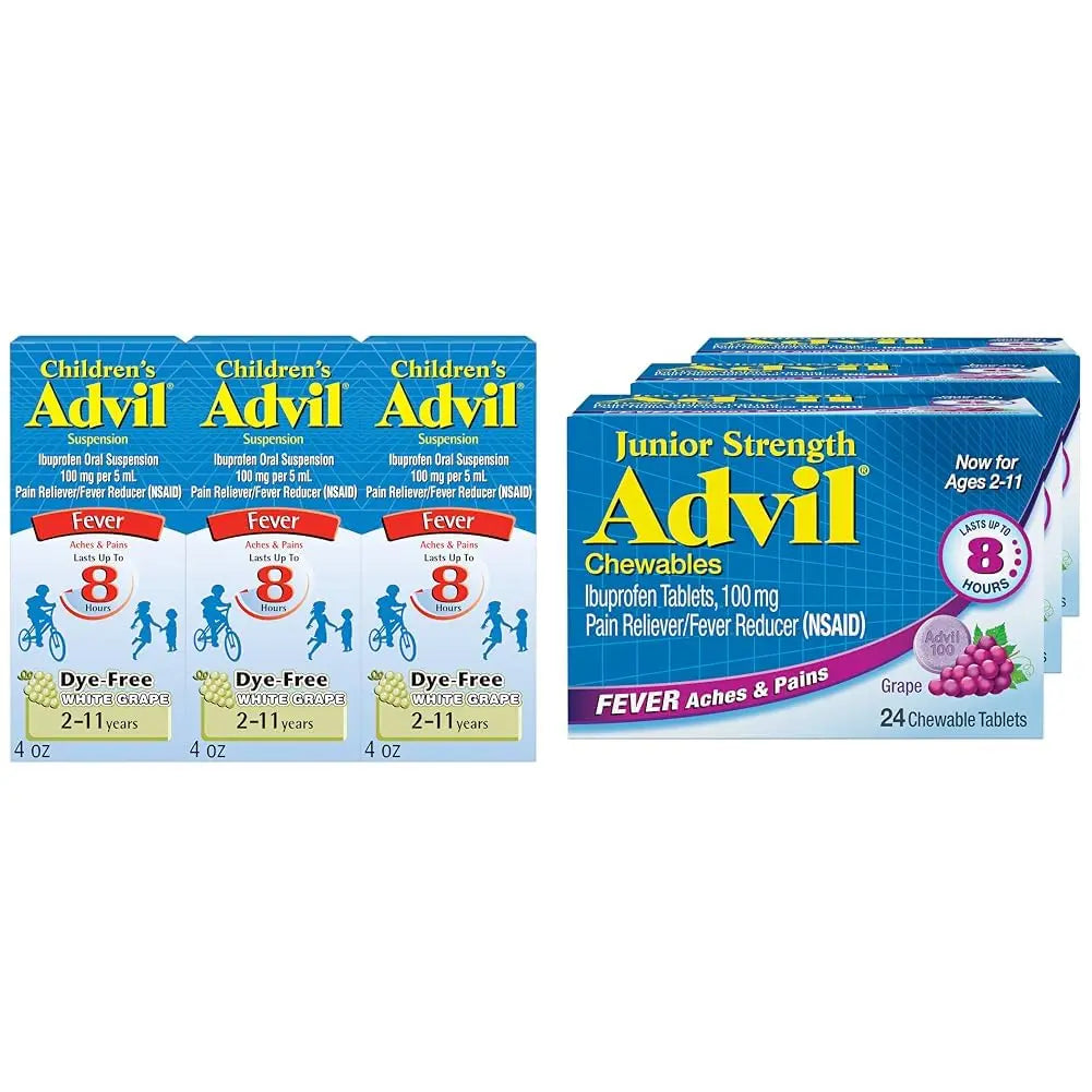 Advil Children's Pain Reliever and Fever Reducer, Dye Free Liquid Ibuprofen for Children (Pack of 3) and Advil Junior Strength Chewable Ibuprofen Pain Reliever and Fever Reducer, Grape Flavored Tablets for Children (Pack of 3) Advil Au supplements