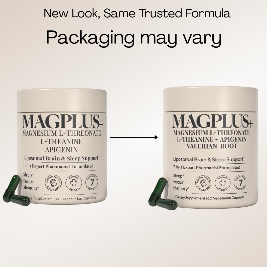 MAGPLUS+ Magnesium L-Threonate w Apigenin & L Theanine | 7-Ingredient Sleep Blend | Brain, Memory, & Sleep Support | Liposomal Magnesium Threonate Supplement (60 Capsules) Plus+Ultra Au supplements