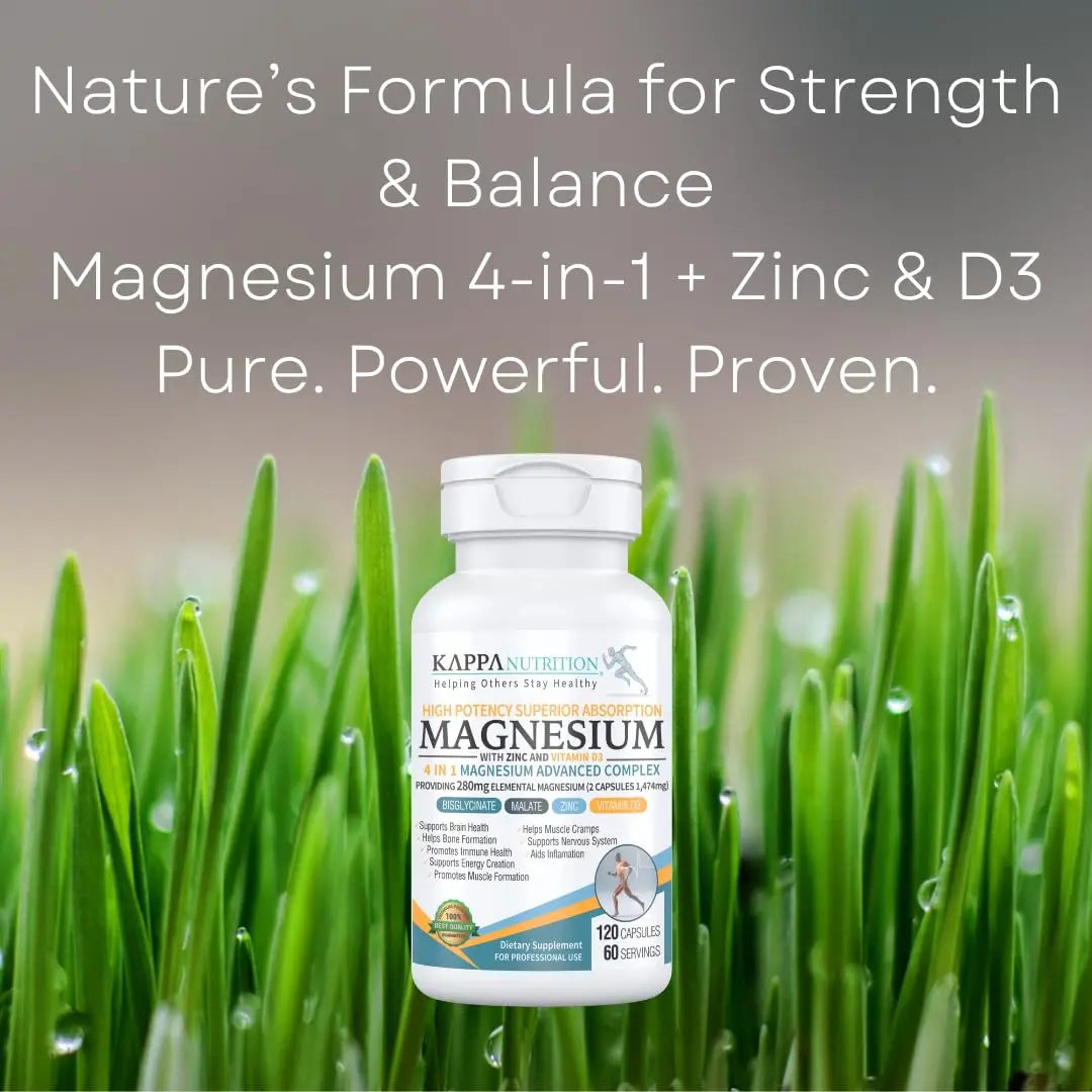 Kappa Nutrition Magnesium 4-in-1, 280mg Elemental Magnesium (Bisglycinate, Malate) + Zinc & Vitamin D3, Brain, Sleep, Energy, Muscle, Immune Support, 120 Vegan Capsules. KAPPA NUTRITION Au supplements