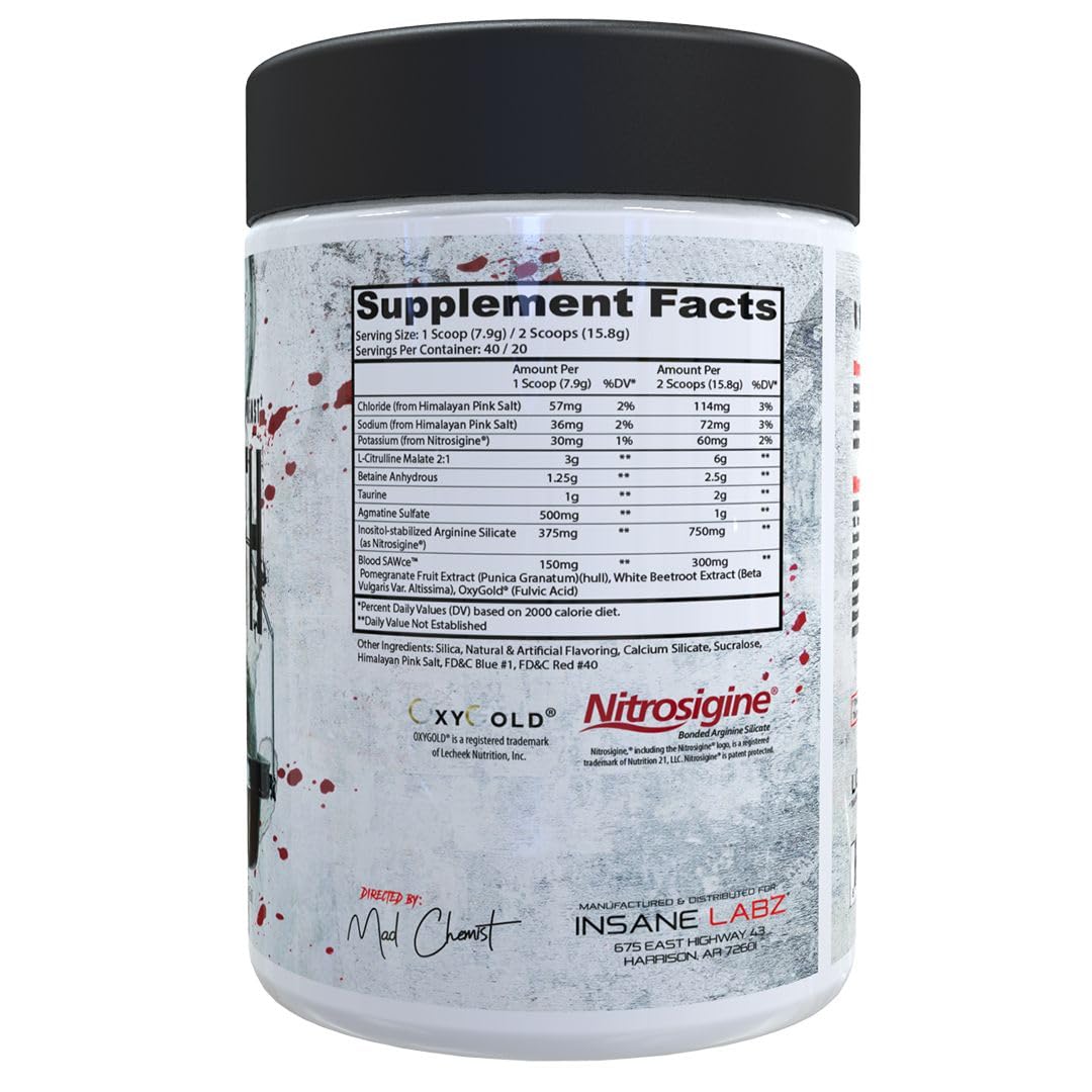 Insane Labz Saw Bloodbath, Non-Stim Pump Pre Workout Powder with Nitrosigine­, OxyGold Insane Labz Au supplements