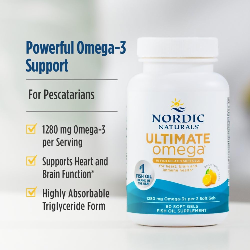 Nordic Naturals Ultimate Omega in Fish Gelatin, Lemon Flavor - 60 Soft Gels - 1280 mg Omega-3 - High-Potency Fish Oil Supplement - EPA & DHA - Promotes Brain & Heart Health - Non-GMO - 30 Servings Nordic Naturals Au supplements