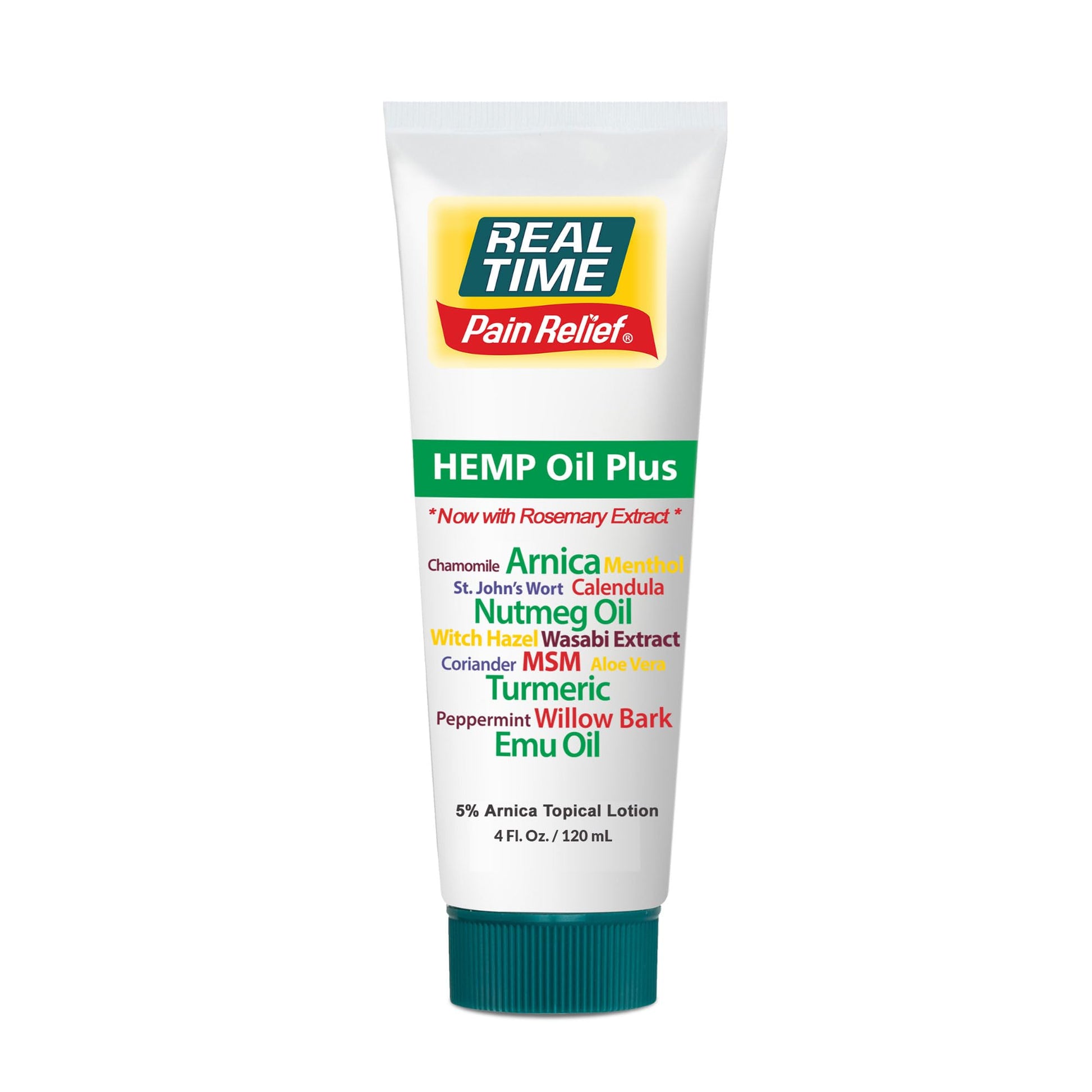 Real Time Pain Relief Hemp Oil Plus 4oz Tube | 20 Natural Ingredients: 5% Arnica & Turmeric | Fast Absorbing Lotion for Muscles, Hands, Feet, Ankles, Back, Shoulders, Knees & Joints Discomfort Real Time Pain Relief Au supplements