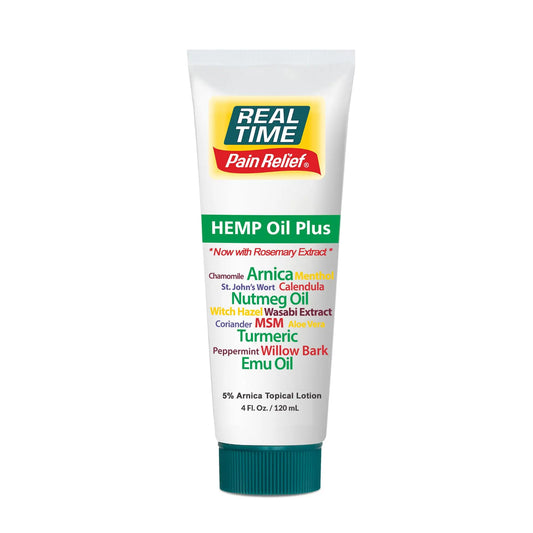 Real Time Pain Relief Hemp Oil Plus 4oz Tube | 20 Natural Ingredients: 5% Arnica & Turmeric | Fast Absorbing Lotion for Muscles, Hands, Feet, Ankles, Back, Shoulders, Knees & Joints Discomfort Real Time Pain ReliefAU supplements