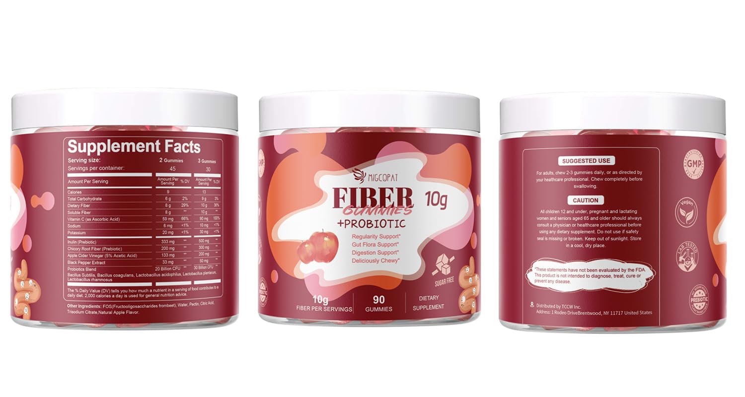 Migcopat Fiber Gummies with Probiotics,10G Fiber per Serving No Sugar Added Apple Flavor, with 10 Billion CFU Probiotics Blend, Apple Cider Vinegar, Vitamin C, Inulin, Bloating Support 90 Count Migcopat Au supplements
