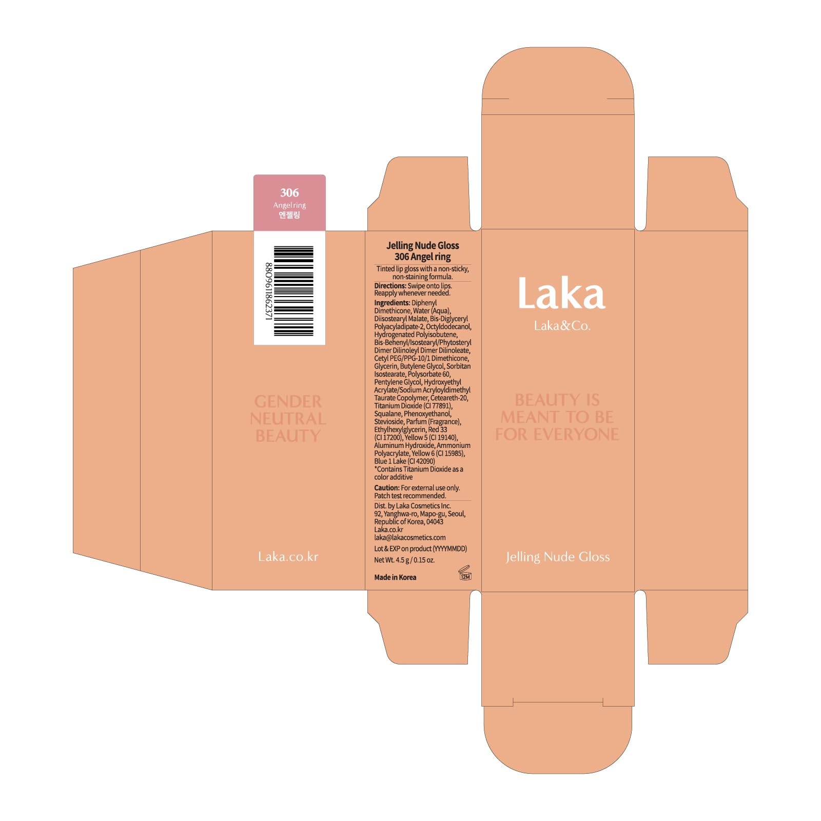Laka Jelling Nude Gloss, 4.5g/0.15oz, Sheer Hydrating Lip Oil with No Stain, Non-Sticky, Nourishing Gloss for a Glowy Look, K-Beauty (#306 Angelring) Laka Au supplements