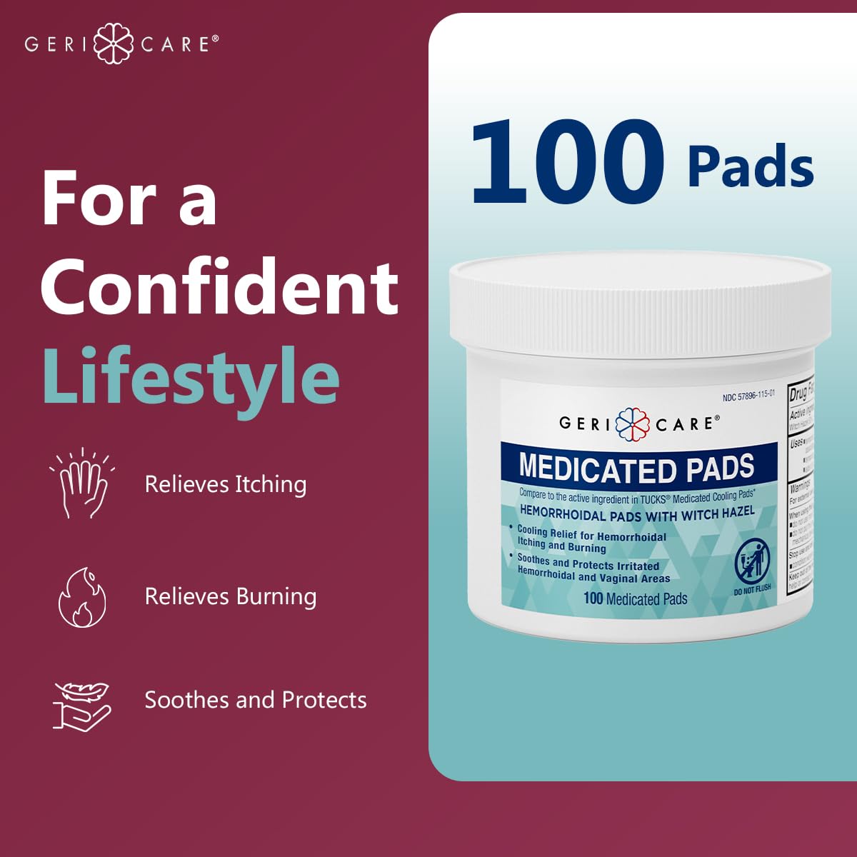 GeriCare Medicated Cooling Pads with Witch Hazel. for Soothing Itch, Discomfort, and Burning, Pre-Moistened Pads Ideal for Sensitive Areas, 100 Count (Pack of 1) GeriCare Au supplements