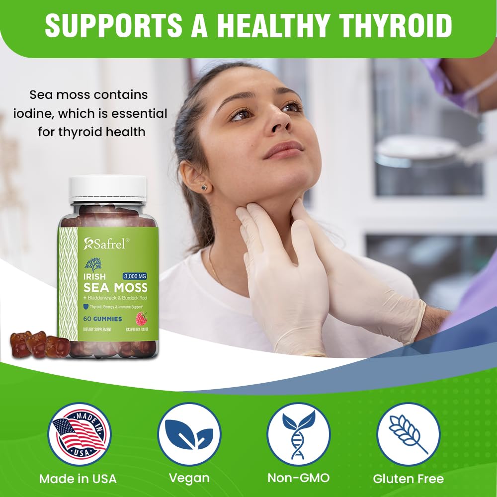 Safrel Irish Sea Moss Gummies 3000mg with Bladderwrack and Burdock Root, Thyroid Energy and Immune Support, Vegan Raspberry Flavor, 60 Gummies Safrel Au supplements