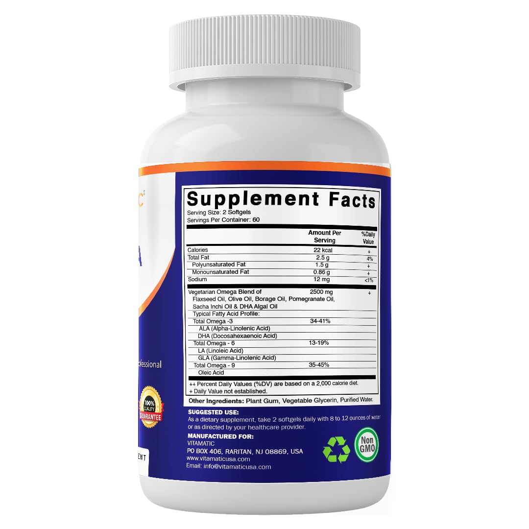 Vitamatic Vegan Omega 3-6-9 Complex 1250mg | Flaxseed, Olive, Borage & Algae Oils | Plant-Based Omegas | 120 Softgels Vitamatic Au supplements