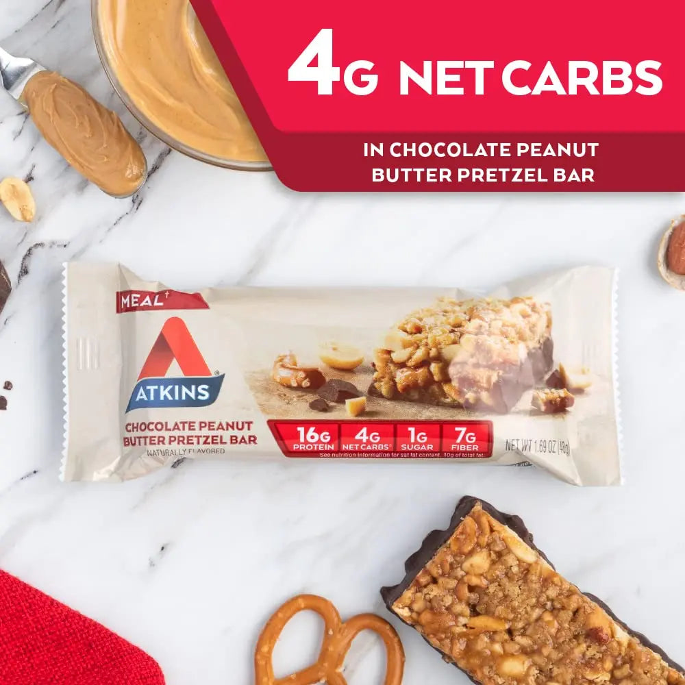 Atkins Chocolate Peanut Butter Pretzel Protein Meal Bar, High Fiber, 16g Protein, 1g Sugar Atkins uk supplements