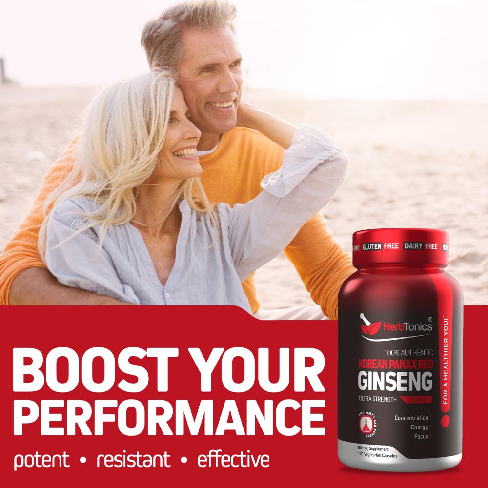 Herbtonics Korean Red Panax Ginseng 1500mg - Energy Supplement for Peak Performance, Focus & Vitality - High Potency Ginseng Root Extract - 240 Vegan Capsules Herbtonics Au supplements