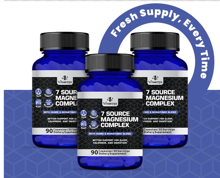 Magnesium Complex for Sleep, Relaxation, Digestion & Calm – Magnesium Glycinate, Citrate, Bisglycinate, Carbonate, Malate, Orotate, Taurate, + Humic/Fulvic for High Absorption - 90 ct. VITAMIZED Au supplements