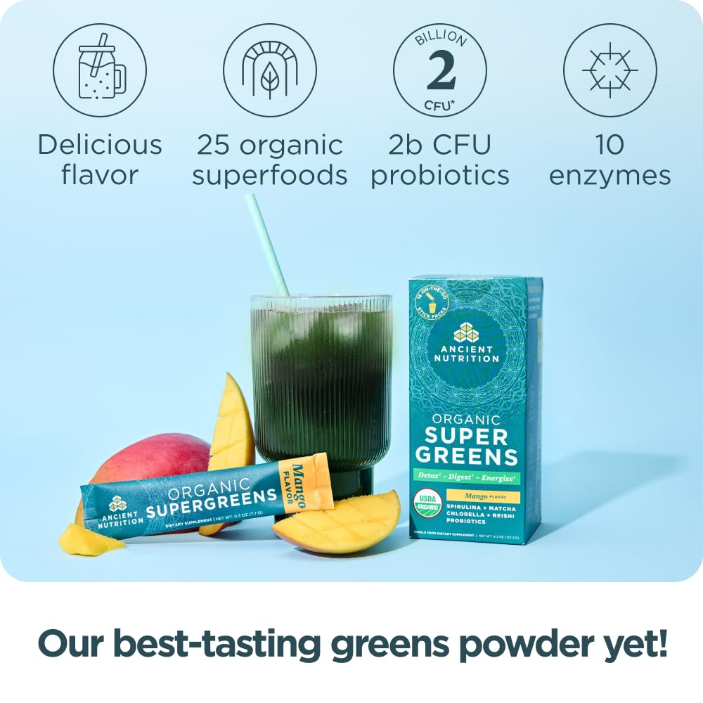 Ancient Nutrition SuperGreens Powder with Probiotics, Organic Mango Flavor Greens, Made from Real Fruits, Vegetables and Herbs, Digestive and Energy Support, 16 Stick Packs, 4.3oz Ancient Nutrition Au supplements