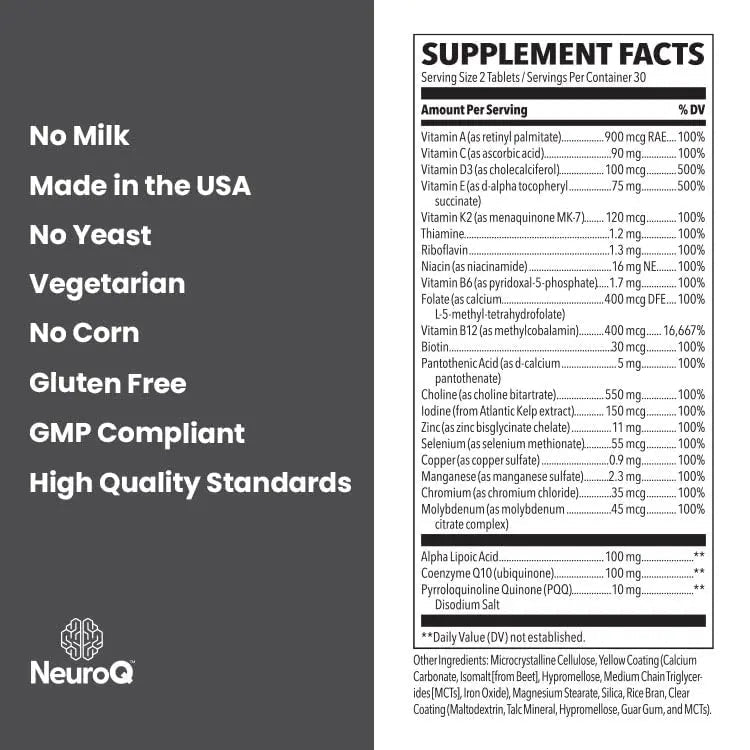 NeuroQ Daily Essentials Multivitamin – High‑Potency Brain & Body Support with Choline 550 mg, PQQ, CoQ10, Alpha Lipoic Acid LifeSeasons Au supplements