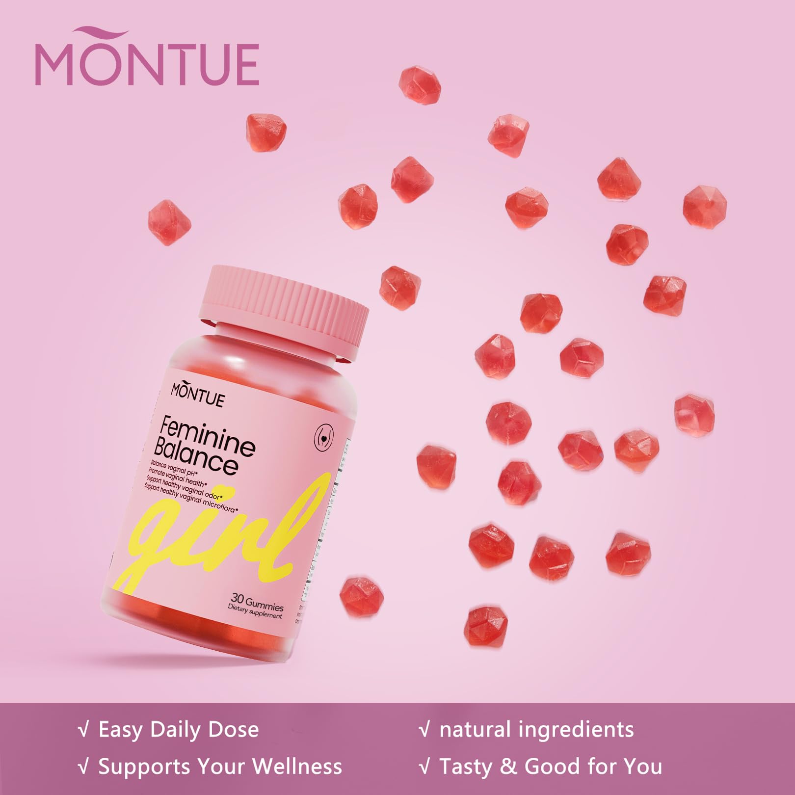 Montue Premium Diamond Feminine Balance Gummies-pH Balance with Prebiotics & Lactobacillus Probiotic Blend&Hawaiian Pineapple Immune Support,Vegan& Non-GMO（30 Gummies） Montue Au supplements