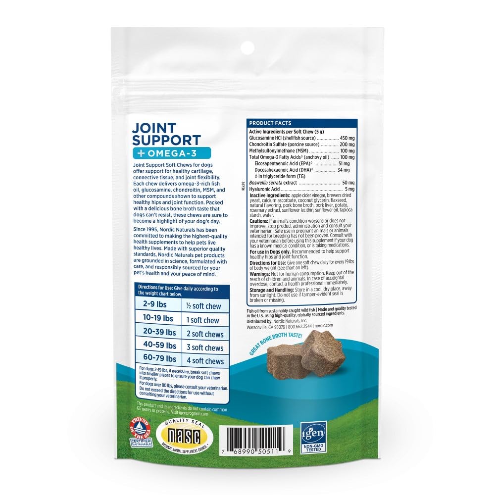 Nordic Naturals Pet Joint Support + Omega 3 Soft Chews for Dogs, Pork Bone Broth Flavored - Promotes Mobility, Hip and Joint Support with Omega-3 Fish Oil, MSM, EPA & DHA - 30 Non-GMO Chews Nordic Naturals Au supplements
