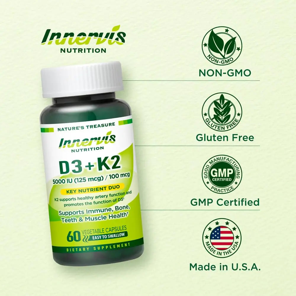 INNERVISNUTRITION Vitamin D3 5000 IU + K2 MK-7 100mcg – Bone, Heart & Immune Support, Easy to Swallow, 60 Capsules INNERVISNUTRITION Au supplements