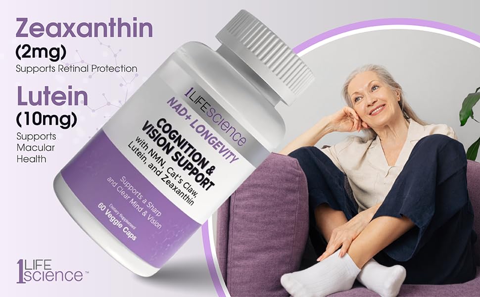 1LifeScience Cognition & Vision Support Supplement – NMN, Lion’s Mane, Cat’s Claw, Apigenin, PQQ & Lutein – NAD+ Support Formula – cGMP Made in USA – 60 Caps 1LifeScience Au supplements