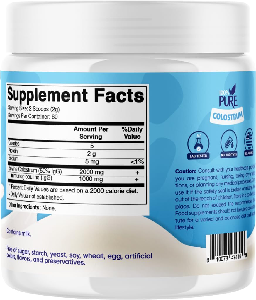 Vitamatic Bovine Colostrum Powder - 50% Highest IgG -120 Gram - Supplement for Gut Health, Hair Growth, Beauty, Muscle Recovery, & Immune Support - Easy to Mix - Unflavored - 60 Servings Vitamatic Au supplements