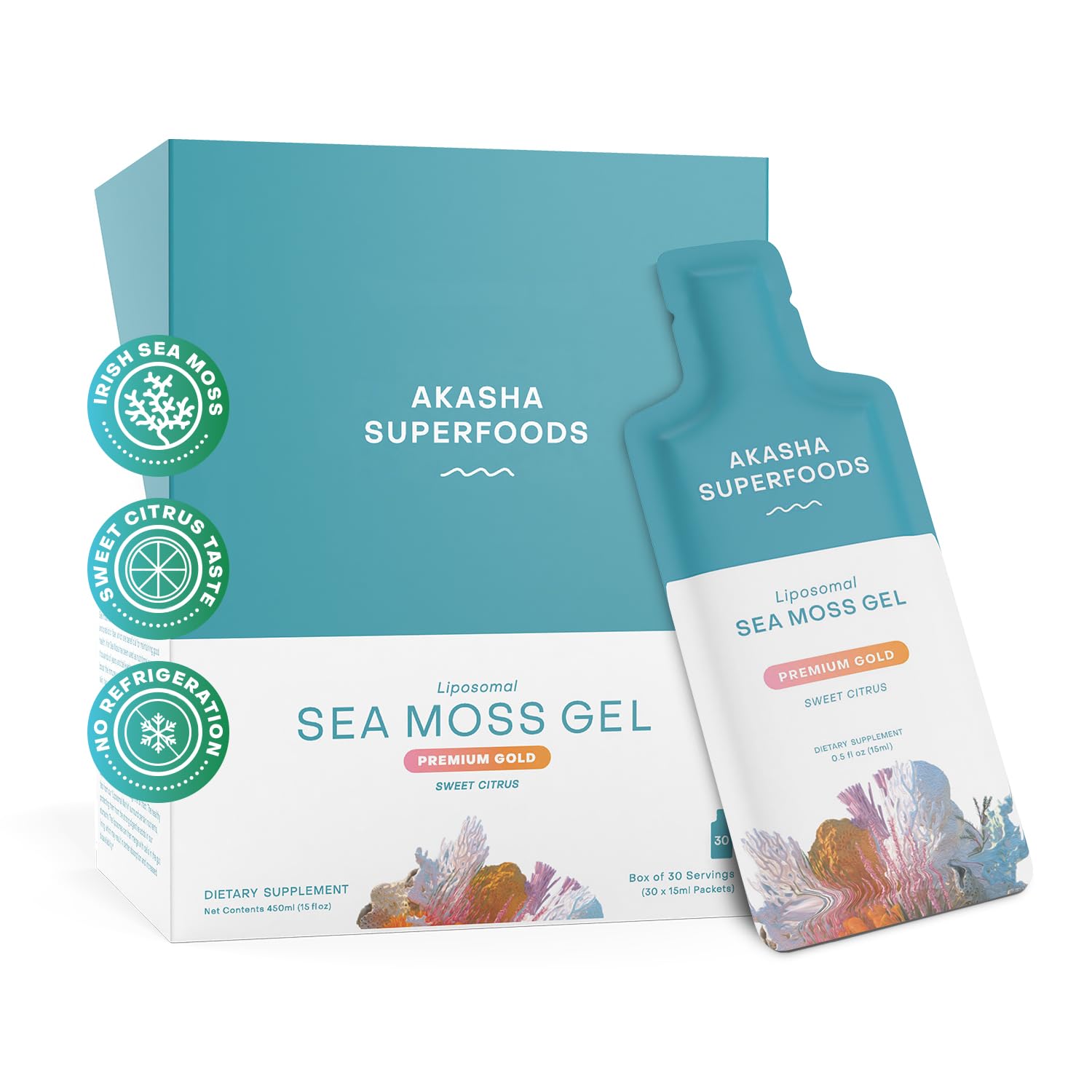 Akasha Superfoods Irish Sea Moss Gel, Liposomal Seamoss with Irish Sea Moss, Vitamin E, Citrus, Organic Vanilla, Glycerin, Skin, Energy & Gut Health Support for Women & Men, Sweet Citrus Flavor, 30 Ct Akasha Superfoods Au supplements